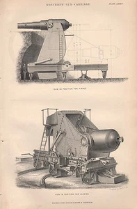 1874 DRUCK ~ MONCRIEFF WAFFENWAGEN ~ GESCHÜTZ IN SCHUSSSTELLUNG & VERLADUNG - Bild 1 von 2
