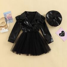 3-7Y Dress with Beret Hat Baby Autumn Clothing Long Sleeve Lapel PU Leather