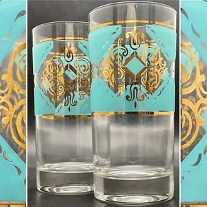 Libbey Glass MCM Turquoise & 22kt Highball/Tumbler Glass 2pc Set USA 5.5"t 10oz - Picture 1 of 11