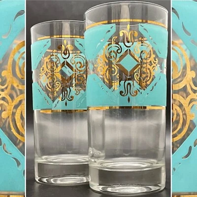 Libbey Glass MCM Turquoise & 22kt Highball/Tumbler Glass 2pc Set USA 5.5"t 10oz - Image 1 of 4