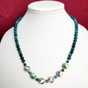 Vintage Bead Necklace Hand Painted Porcelain Oriental Floral Green 24" 13.5mm - Picture 1 of 11