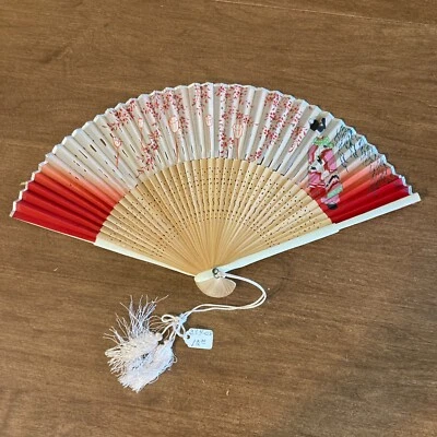 Винтажные деревянные и холщовые ручные вентиляторы складные 1940-1950-е Япония красно-коричневые с цветочным рисунком - Изображение 1 из 4