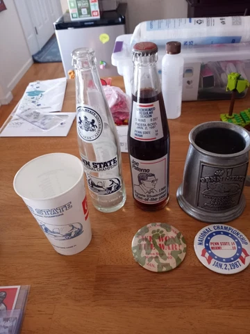 6 LOT 1982 1986 Penn State Champions Button Pin Glass Bottle Cup Tankard RARE Cover