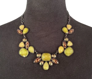Green & Leopard Print Statement Necklace Bib Style, Faceted Cabochons, Unusual - Picture 1 of 6