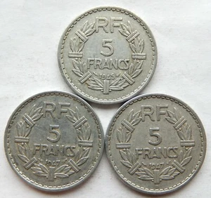1945, 1947 & 1947B France 5 Francs Coin KM#888b.1 "Lot of 3 Coins"  SB6187 - Foto 1 di 2