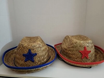Set Of 2 Children's Straw Cowboy Sheriff's Hats One Red& One Blue Never Worn - Image 1 of 4