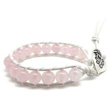 Rose Quartz Beaded Bracelet White Leather Wrap Natural Pink Gemstone Handmade