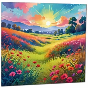 Beautiful Landscape Blank Greeting Birthday Card Art Colourful Flowers Nature - Picture 1 of 6