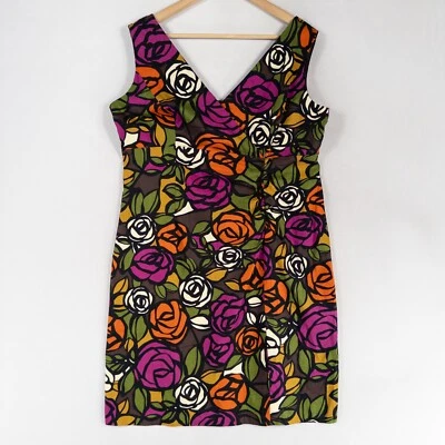 R&K Originals Sheath Dress Sz 16 Multicolor Floral Bold Retro V Neck Sleeveless - Image 1 of 4