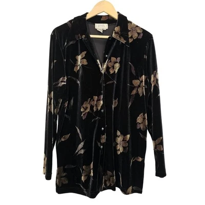 Top de terciopelo negro grunge oscuro academia floral con botones manga larga talla mediana Foto 1 de 4
