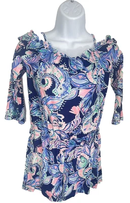 Mameluco Lilly Pulitzer Niñas XL 12 14 Azul Rosa Paisley Volantes Fuera del Hombro  Foto 1 de 4