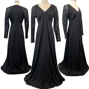 Vintage 60s Black Stretch Knit Gothic Sheer Long Sleeve Witchy Maxi Gown Dress L - Picture 1 of 12