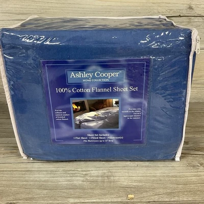 Ashley Cooper King Flannel Sheet Set Fitted Flat Pillowcases Blue - Image 1 of 4