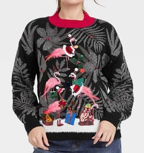 Suéter Pullover Para Mujer M Mediano Feo Navidad Flamenco Árbol Gráfico - Negro - Imagen 1 de 3