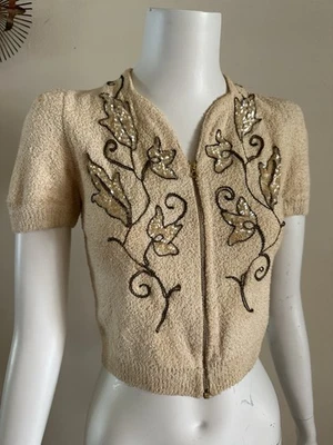 1930s Puff Sleeve Boucle Knit Sweater Talon Bell Zip Sequin Cardigan Top VTG - Image 1 of 4