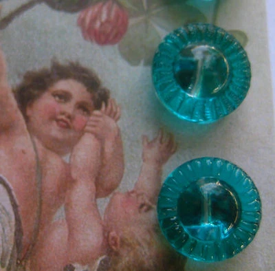 Set of 6 ~ Vintage  1/2" Painted Teal Blue Crystal Glass Buttons~ NOS - Image 1 of 2