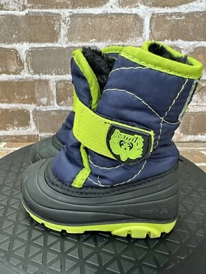 Kamik Snowbug 5 霓虹绿色海军蓝冬季毛皮衬里雪地靴 学步儿童 男孩 5 码 — 第 1/4 张图片