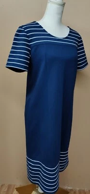 Vestido recto a rayas manga corta Denim & Co talla pequeña azul felpa francesa A275879 Foto 1 de 4