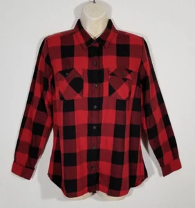 Eddie Bauer Women Sz Medium Red Black Button Shirt Top Plaid Long Sleeve Pockets - Picture 1 of 12