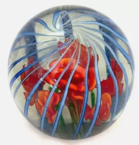 Art Glass Paperweight 3D Orange Flower with Blue Cane Accents - Bild 1 von 9
