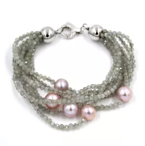Bracciale multifilo in labradorite e perle fiume rosa/viola chiusura oro bianco - Foto 1 di 6