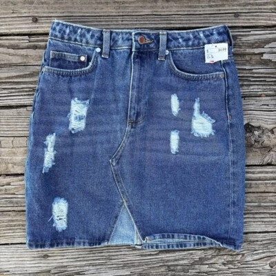 Falda vaquera envejecida H&M corte lápiz lavado medio azul para mujer talla 8 nueva con etiquetas Foto 1 de 4