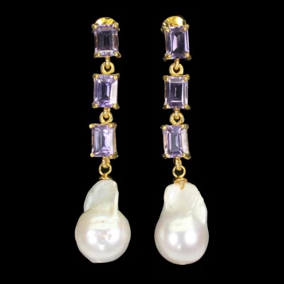 Valentine 925 Orecchini Argento Ottagono Ametista 7x5mm Perla Gemma Gioielli - Immagine 1 di 4