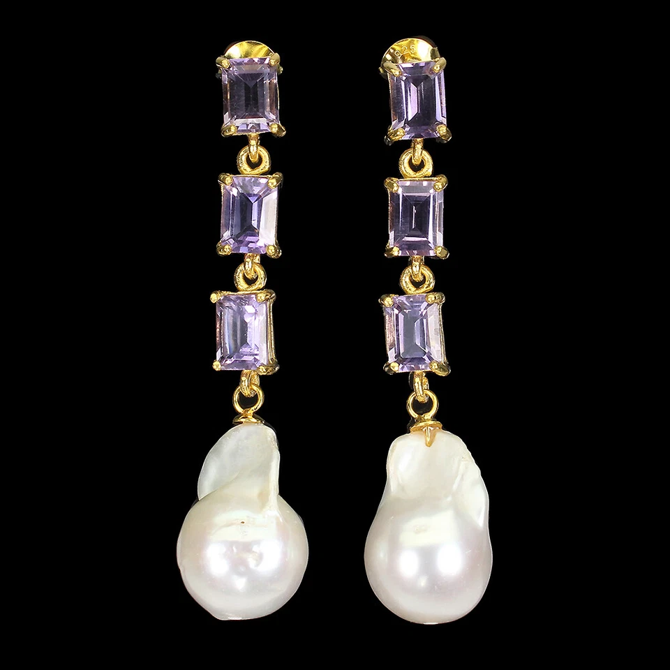 Valentine 925 Orecchini Argento Ottagono Ametista 7x5mm Perla Gemma Gioielli - Immagine 1 di 4