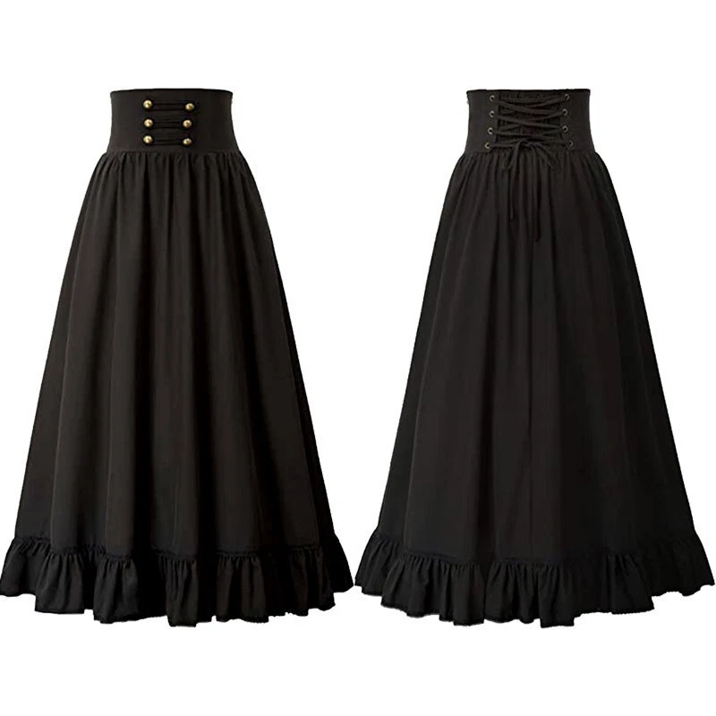 Lady Gothic Victorian Skirt Midi Steampunk Zip A-line Retro Ruffle Skirt Party - Image 1 of 4