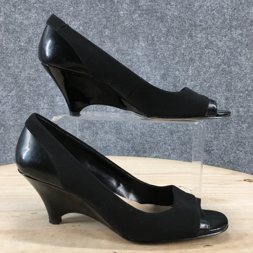 Zapatos de tacón Ellen Tracy para mujer 6 M Pacer informales punta abierta cuña tela negra Foto 1 de 4