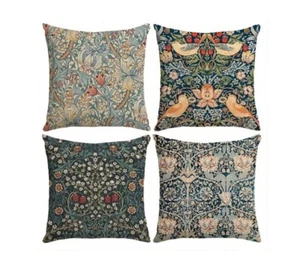 Set of 4 "William Morris" Cushion Covers Green Floral Design + Invisible Zip - Picture 1 of 8