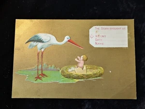 Antique Postcard Stork Baby Hatching Out Of Egg Nest Gold Circa 1906 See Details - Picture 1 of 6