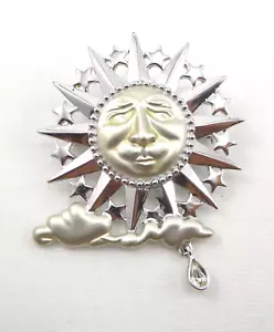 Danecraft Pin Brooch Sun Moon Stars Clouds Raindrop Silver Plated Satin & Glossy - Picture 1 of 9