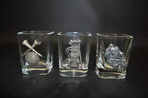 3 - Square Shot Glasses with Pewter Golf Emblems Golf Bag Golf Shoes Ball & Tees - Picture 1 of 10