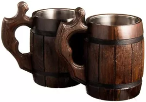 2 x Wooden Beer Mug Handmade Wood Stainless Steel Cup Beer Stein Gifts Christmas - Picture 1 of 9