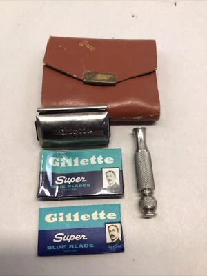 Kit de aseo de afeitado de acero inoxidable de viaje de cuero genuino con chaleco para hombre de colección Foto 1 de 4