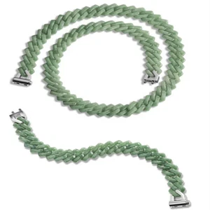 Real Grade A Natural Green Jade Jadeite Square Cuban Curb Link Bracelet Necklace - Picture 1 of 11