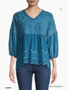 $295 Johnny Was Gracie Latitude Blouse Blue Embroidered Lace Eyelet Crochet Sz L - Foto 1 di 6
