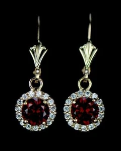 14k Yellow Gold Halo Dangle Round Leverback Pierced Earrings Birthstone - Picture 1 of 22