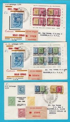 URUGUAY 3 FDC's stamps on stamp centenary cifras 1966 Montevideo to USA - Image 1 of 2