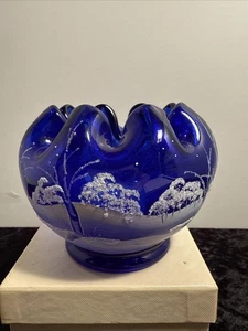 Cuenco de vidrio Fenton azul cobalto rosa HP y firmado por S Stephen - Imagen 1 de 6