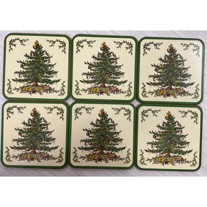 Spode Boxed Set 6 Christmas Tree Coasters Made in England Easy Clean Hot or Cold - Picture 1 of 7