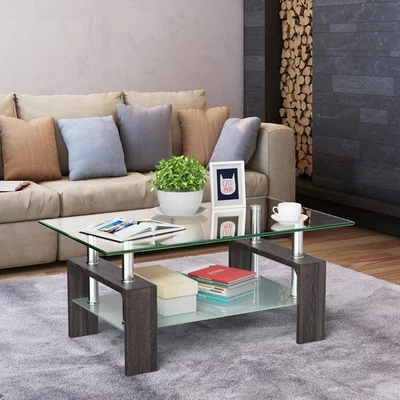 Costway Rectangle Glass Coffee Table Metal Legs End Table Livingroom Black - Image 1 of 4