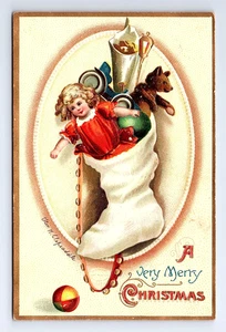 C1910 Ellen Clapsaddle Postcard, Christmas Stocking w/ Doll and Toys - Picture 1 of 2