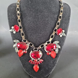 Women Red Rhinestones Faceted Collar Chain Necklace Statement Silver Tone - Picture 1 of 8