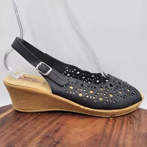 Spring Step Wedge Sandals Womens 11 Black Tan Nubuck Leather Comfort Slingback - Picture 1 of 12