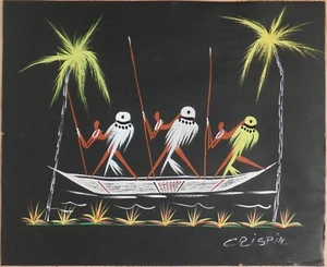 Vintage Tourist Art Native African Warriors on Boat Original Painting - Picture 1 of 5