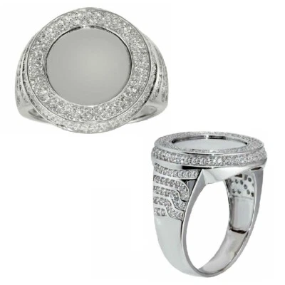 Uomo Argento Sterling Rotondo Specchio Disco Centro Zircone Cubico Pietre Anello - Immagine 1 di 4