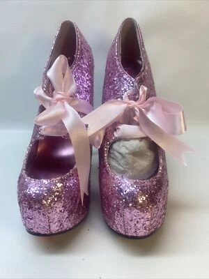 Fabuloso Bordello 5.75" Tacón Rosa Brillo Con cordones Plataforma Arco Bailarina Lentejuelas Talla 8 Foto 1 de 4
