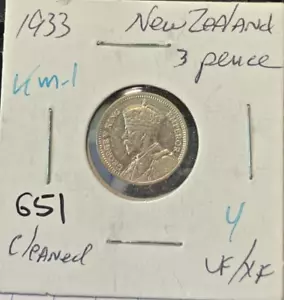 1933 New Zealand 3 Pence, silver, KM# 1, VF/XF condition, Coin #651 - Picture 1 of 2